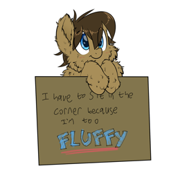 Size: 1700x1700 | Tagged: safe, artist:cutepencilcase, artist:fluffyxai, edit, imported from derpibooru, oc, oc only, oc:spirit wind, earth pony, pony, :t, blushing, cheek fluff, cute, ear fluff, excessive fluff, fluffy, hoof fluff, joke, leaning, leg fluff, looking up, male, meme, pony shaming, shaming, shoulder fluff, sign, simple background, smiling, solo, stallion, super fluff, white background