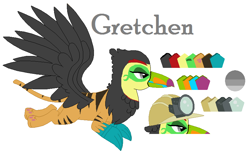 Size: 841x514 | Tagged: safe, artist:latiapainting, imported from derpibooru, oc, oc only, oc:gretchen, big cat, bird, griffon, keel-billed toucan, tiger, tiger griffon, toucan, chest fluff, flying, griffon oc, miner, reference sheet, simple background, solo, toucan griffon, white background