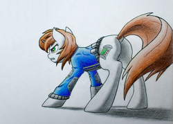 Size: 980x700 | Tagged: safe, artist:vaser888, imported from derpibooru, oc, oc only, oc:littlepip, pony, unicorn, fallout equestria, butt, clothes, cutie mark, dock, fanfic, fanfic art, female, hooves, horn, jumpsuit, mare, pipbuck, pipbutt, plot, simple background, solo, traditional art, vault suit