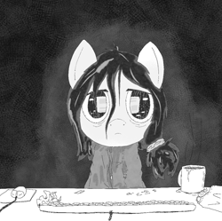 Size: 1000x995 | Tagged: safe, artist:happy harvey, imported from derpibooru, oc, oc only, oc:floor bored, pony, bags under eyes, black and white, bloodshot eyes, bored, chips, clothes, coffee, computer mouse, dirty, drawn on phone, food, grayscale, hoodie, keyboard, mess, monochrome, mug, neet, phone drawing, reflection, tired