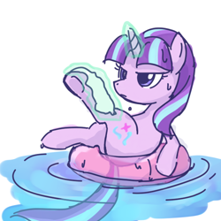 Size: 600x600 | Tagged: safe, artist:yosixi, imported from derpibooru, starlight glimmer, pony, unicorn, female, inner tube, magic, mare, pool toy, solo, sweat, swimming pool, telekinesis, underhoof, water, wet