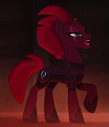 Size: 507x591 | Tagged: safe, imported from derpibooru, screencap, tempest shadow, pony, my little pony: the movie, armor, broken horn, cropped, eye scar, female, open up your eyes, raised hoof, scar, singing, solo, steam