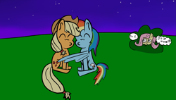 Size: 2657x1510 | Tagged: safe, artist:artiks, imported from derpibooru, applejack, fluttershy, rainbow dash, pony, appledash, bush, butt touch, creepy, feathermarking, female, lesbian, never doubt tchernobog's involvement, night, shipping, speech bubble