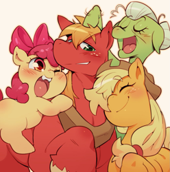 Size: 1039x1049 | Tagged: safe, artist:jirousan, imported from derpibooru, apple bloom, applejack, big macintosh, granny smith, pony, adorabloom, apple siblings, blank flank, blushing, brother and sister, cowboy hat, cute, eyebrows, eyebrows visible through hair, eyes closed, family, female, filly, hat, horse collar, jackabetes, macabetes, male, mare, noogie, open mouth, raised hoof, siblings, simple background, stallion, white background