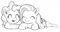 Size: 1800x973 | Tagged: safe, artist:underwoodart, imported from derpibooru, fluttershy, pinkie pie, pony, cuddling, duo, eyes closed, folded wings, monochrome, prone, smiling