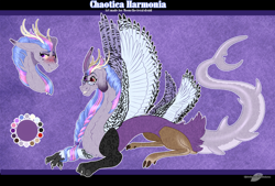 Size: 1550x1050 | Tagged: safe, artist:bijutsuyoukai, imported from derpibooru, oc, oc only, oc:chaotica harmonia, draconequus, hybrid, draconequus oc, female, interspecies offspring, offspring, parent:discord, parent:twilight sparkle, parents:discolight, prone, reference sheet, solo