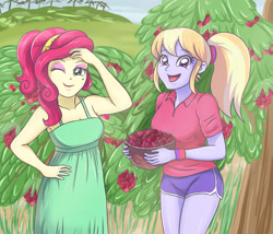 Size: 4133x3543 | Tagged: safe, artist:sumin6301, imported from derpibooru, cherry jubilee, cloudy kicks, equestria girls, armpits, cherry, clothes, dress, duo, equestria girls-ified, food, shirt, shorts, smiling, tree