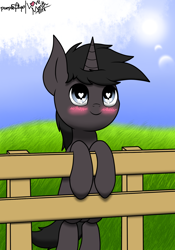 Size: 1382x1976 | Tagged: safe, artist:kimjoman, artist:php142, imported from derpibooru, oc, oc only, pony, unicorn, blushing, cute, fence, happy, heart, heart eyes, looking up, male, meadow, outdoors, sky, solo, sun, wingding eyes