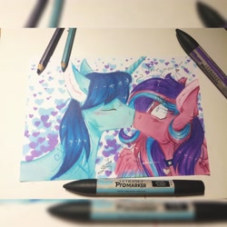 Size: 1024x1024 | Tagged: safe, artist:scootiegp, imported from derpibooru, oc, oc only, pegasus, pony, unicorn, big eyes, choker, crayon, female, heart, jewelry, male, mare, necklace, oc x oc, promarker, shipping, signature, simple background, stallion, text, traditional art, white background, zoom layer