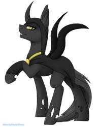 Size: 638x800 | Tagged: safe, artist:melodytheartpony, imported from derpibooru, oc, oc only, oc:flavis, changeling, changeling oc, cloak, clothes, commission, male, raised hoof, simple background, solo, transparent background, yellow changeling