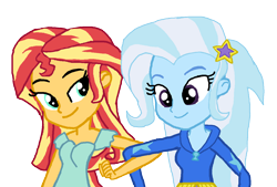 Size: 1203x815 | Tagged: safe, artist:bigpurplemuppet99, imported from derpibooru, sunset shimmer, trixie, equestria girls, female, lesbian, shipping, simple background, suntrix, transparent background