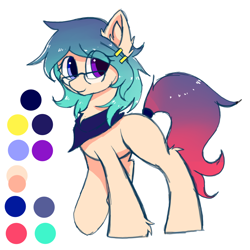 Size: 1400x1400 | Tagged: safe, artist:heddopen, imported from derpibooru, oc, oc only, pony, blank flank, chest fluff, clothes, ear fluff, female, glasses, heterochromia, looking at you, mare, neckerchief, reference sheet, scarf, simple background, solo, white background