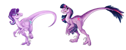 Size: 2000x800 | Tagged: safe, artist:briannacherrygarcia, edit, imported from derpibooru, starlight glimmer, twilight sparkle, alicorn, dinosaur, velociraptor, dinosaurified, feather, obtrusive text, obtrusive watermark, open mouth, simple background, smiling, species swap, twilight sparkle (alicorn), watermark, white background