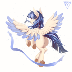 Size: 1000x1000 | Tagged: safe, artist:margony, imported from derpibooru, oc, oc only, oc:eun byeol, pegasus, pony, butt, colored wings, commission, digital art, ear piercing, earring, female, flying, jewelry, looking at you, looking back, looking back at you, mare, multicolored wings, piercing, plot, signature, simple background, solo, spread wings, unshorn fetlocks, white background, wings