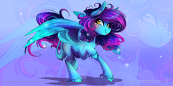 Size: 1600x800 | Tagged: safe, artist:wilvarin-liadon, imported from derpibooru, oc, oc only, oc:ice wing, pegasus, pony, commission, female, leonine tail, mare, prancing, raised hoof, smiling, solo, spread wings, unshorn fetlocks, wings, zoom layer