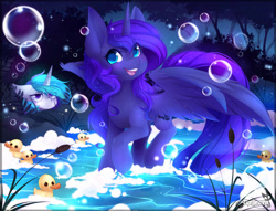 Size: 1024x784 | Tagged: safe, artist:teranen, imported from derpibooru, princess celestia, princess luna, alicorn, pony, annoyed, bubble, color porn, colored pupils, cute, eyestrain warning, female, horn, lunabetes, mare, night, royal sisters, rubber duck, siblings, silly, silly pony, sisters, smiling, soap bubble, spread wings, tree, water, wings