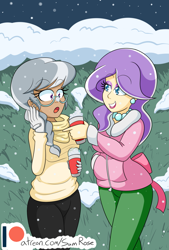 Size: 1293x1916 | Tagged: safe, alternate version, artist:jake heritagu, imported from derpibooru, diamond tiara, silver spoon, human, clothes, coat, colored pupils, glasses, humanized, light skin, moderate dark skin, patreon, patreon logo, pinup, smiling, snow, snowfall, winter outfit