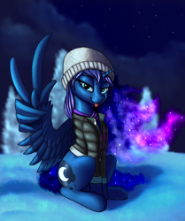 Size: 1700x2037 | Tagged: safe, artist:lightly-san, imported from derpibooru, princess luna, alicorn, pony, clothes, ethereal mane, female, galaxy mane, looking at you, sitting, sketch, snow, solo, tongue out, wing gesture, wing hands, winter