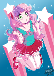 Size: 2806x3980 | Tagged: safe, artist:danmakuman, imported from derpibooru, sweetie belle, equestria girls, clothes, cute, diasweetes, female, hairband, long socks, looking at you, mary janes, miniskirt, paraskirt, shirt, shoes, skirt, socks, solo, stockings, thigh highs