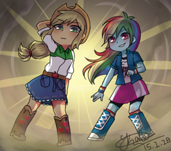 Size: 429x378 | Tagged: safe, artist:kaleloiyisol, imported from derpibooru, applejack, rainbow dash, equestria girls, arm behind head, belt, boots, clothes, compression shorts, cowboy hat, denim skirt, duo, female, hat, implied appledash, implied lesbian, implied shipping, looking at you, shoes, signature, skirt, stetson
