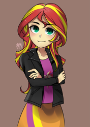 Size: 1967x2779 | Tagged: safe, artist:kaleloiyisol, imported from derpibooru, sunset shimmer, equestria girls, clothes, crossed arms, cute, female, human coloration, jacket, leather jacket, looking at you, signature, skirt, solo