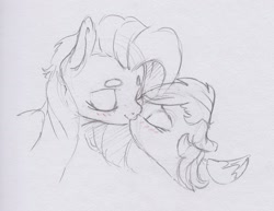 Size: 1794x1387 | Tagged: safe, artist:dilarus, deleted from derpibooru, imported from derpibooru, fluttershy, rainbow dash, pegasus, pony, fanfic:lanky and the nyoom, blushing, bust, eyes closed, female, flutterdash, grayscale, kissing, lesbian, mare, monochrome, partial color, shipping, smoldash, tallershy, traditional art