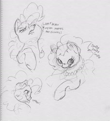 Size: 2446x2691 | Tagged: safe, artist:dilarus, deleted from derpibooru, imported from derpibooru, pinkie pie, earth pony, pony, bust, dialogue, female, grayscale, mare, monochrome, raised hoof, raspberry, solo, tongue out, traditional art