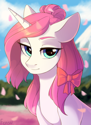 Size: 2175x3000 | Tagged: safe, artist:fensu-san, imported from derpibooru, oc, oc only, pony, unicorn, bow, bust, cherry blossoms, female, flower, flower blossom, hair bow, lidded eyes, mare, mountain, petals, portrait, solo, unamused