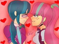 Size: 1024x768 | Tagged: safe, artist:brickercupmasterx3, imported from derpibooru, juniper montage, sour sweet, equestria girls, clothes, crack shipping, female, freckles, glasses, heart, junipersweet, lesbian, looking at each other, shipping, smiling