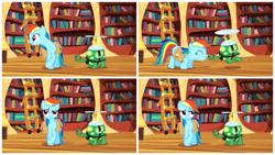Size: 1366x768 | Tagged: safe, imported from derpibooru, screencap, rainbow dash, tank, tortoise, just for sidekicks, collage, golden oaks library, ladder, loss edit, nuzzling