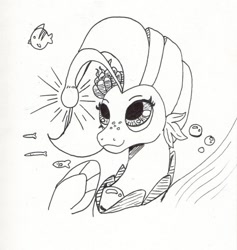 Size: 753x794 | Tagged: safe, artist:kuroneko, derpibooru exclusive, imported from derpibooru, princess skystar, fish, seapony (g4), my little pony: the movie, bubble, bust, female, ink drawing, lineart, monochrome, pearl, simple background, solo, traditional art, underwater, white background