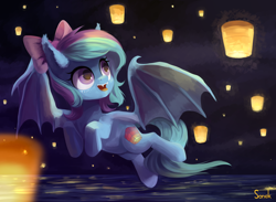 Size: 3750x2750 | Tagged: safe, artist:sonek k, imported from derpibooru, oc, oc only, oc:sky lantern, bat pony, pony, bat pony oc, bow, cute, fangs, flying, freckles, hair bow, high res, lantern, paper lantern, solo, spread wings, wings