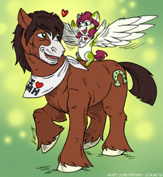 Size: 924x1000 | Tagged: safe, artist:kaemantis, imported from derpibooru, trouble shoes, oc, oc:sweet pepper, earth pony, pegasus, pony, abstract background, adopted offspring, bandana, duo, female, filly, foal, grandfather and grandchild, grandfather and granddaughter, heart, male, parent:babs seed, parent:twist, parents:babstwist, stallion