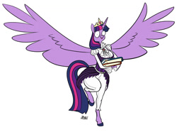 Size: 1345x1000 | Tagged: safe, artist:ursa, imported from derpibooru, twilight sparkle, alicorn, anthro, unguligrade anthro, book, clothes, female, solo, spread wings, twilight sparkle (alicorn), wings