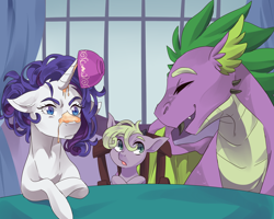 Size: 2500x2000 | Tagged: safe, artist:ponipoke, imported from derpibooru, rarity, spike, oc, dracony, dragon, hybrid, pony, unicorn, family, female, food, interspecies offspring, male, mare, messy mane, offspring, older, older spike, parent:rarity, parent:spike, parents:sparity, shipping, sparity, straight, winged spike, wings