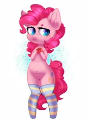 Size: 1543x2160 | Tagged: safe, artist:rizzych, imported from derpibooru, pinkie pie, earth pony, pony, belly button, bipedal, chubby, clothes, donut, ear fluff, female, food, looking at you, mare, plump, simple background, socks, solo, stockings, striped socks, thick, thigh highs, white background