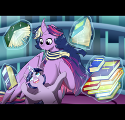 Size: 3452x3307 | Tagged: safe, artist:marukouhai, imported from derpibooru, twilight sparkle, oc, oc:ceres, alicorn, pony, unicorn, book, colt, female, high res, magic, male, mother and son, offspring, older, parent:flash sentry, parent:twilight sparkle, parents:flashlight, twilight sparkle (alicorn)