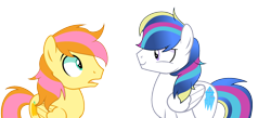 Size: 2440x1064 | Tagged: safe, artist:rainbows-skies, artist:thesmall-artist, imported from derpibooru, oc, oc only, oc:crystal stone, oc:golden apple, pegasus, pony, implied gay, male, offspring, parent:braeburn, parent:fluttershy, parent:princess cadance, parent:shining armor, parents:braeshy, parents:shiningcadance, simple background, transparent background