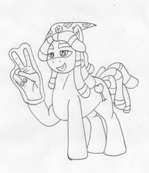 Size: 967x1122 | Tagged: safe, artist:summerium, imported from derpibooru, tree hugger, earth pony, pony, cool, female, foam finger, mare, monochrome, smiling, solo, traditional art