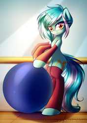 Size: 1061x1500 | Tagged: safe, artist:chaosangeldesu, imported from derpibooru, lyra heartstrings, pony, unicorn, ball, bipedal, exercise ball, female, leg warmers, looking at you, mare, smiling, solo, sweatband, yoga ball