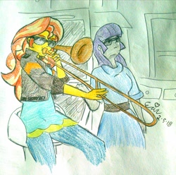 Size: 2432x2411 | Tagged: safe, artist:erenerakhard, artist:erynerikard, derpibooru exclusive, imported from derpibooru, maud pie, sunset shimmer, equestria girls, colored pencil drawing, duo, female, musical instrument, sunglasses, traditional art, trombone, vine video, when mama isn't home