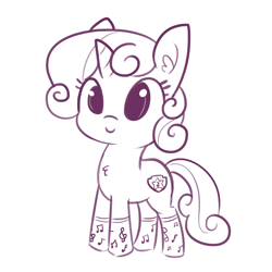 Size: 1650x1650 | Tagged: safe, artist:tjpones, imported from derpibooru, sweetie belle, pony, unicorn, chest fluff, clothes, cute, cutie mark, diasweetes, ear fluff, female, filly, horn, monochrome, music notes, simple background, smiling, socks, solo, the cmc's cutie marks, tjpones is trying to murder us, white background