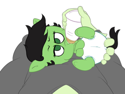 Size: 1600x1200 | Tagged: safe, artist:lazynore, imported from derpibooru, oc, oc:anon, oc:filly anon, pony, annoyed, baby, baby pony, bottle feeding, cute, diaper, drinking, duo, female, filly, foal, holding, holding a pony, lidded eyes, looking at you, milk, offscreen character, on back, pov, simple background, solo focus, transparent background, underhoof