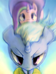 Size: 3000x4000 | Tagged: safe, artist:plotcore, imported from derpibooru, starlight glimmer, trixie, pony, clothes, female, guardians of harmony, hat, mare, perspective, rocket, sky, toy, toy interpretation, trixie's hat, trixie's rocket