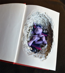 Size: 800x887 | Tagged: safe, artist:prototypespacemonkey, imported from derpibooru, twilight sparkle, alicorn, pony, book, bookhorse, craft, cute, eyes closed, female, figurine, hnnng, mare, miniature, sculpture, sleeping, smiling, solo, that pony sure does love books, traditional art, twiabetes, twilight sparkle (alicorn)