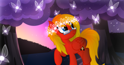 Size: 1900x1002 | Tagged: safe, artist:auryondreams, imported from derpibooru, oc, oc only, oc:sunrise tune, fairy, pegasus, pony, crown, forest, jewelry, regalia, smiling, solo, tree