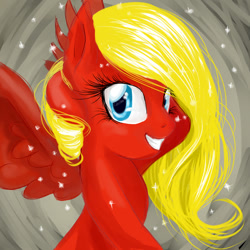 Size: 900x900 | Tagged: safe, artist:my-magic-dream, imported from derpibooru, oc, oc only, oc:sunrise tune, pegasus, pony, abstract background, arm behind head, rhyme, smiling, solo, sparkles