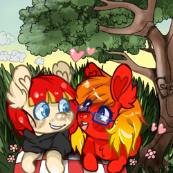 Size: 540x540 | Tagged: safe, artist:segen360, imported from derpibooru, oc, oc:film flick, oc:sunrise tune, couple, female, forest, happy, lesbian, lying down, oc x oc, shipping, simple background, smiling, tree