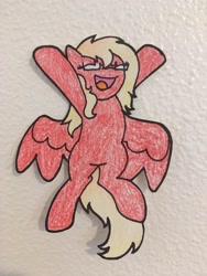 Size: 960x1280 | Tagged: safe, artist:leaf-lord, imported from derpibooru, oc, oc:sunrise tune, pegasus, pony, craft, eyes closed, happy, legs raised, paper child, smiling, traditional art