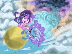 Size: 2224x1668 | Tagged: safe, artist:hananpacha, imported from derpibooru, starlight glimmer, trixie, pony, unicorn, cloud, duo, female, happy, incoming, looking at you, mare, rocket, sky, smiling, smoke, toy interpretation, trixie's rocket